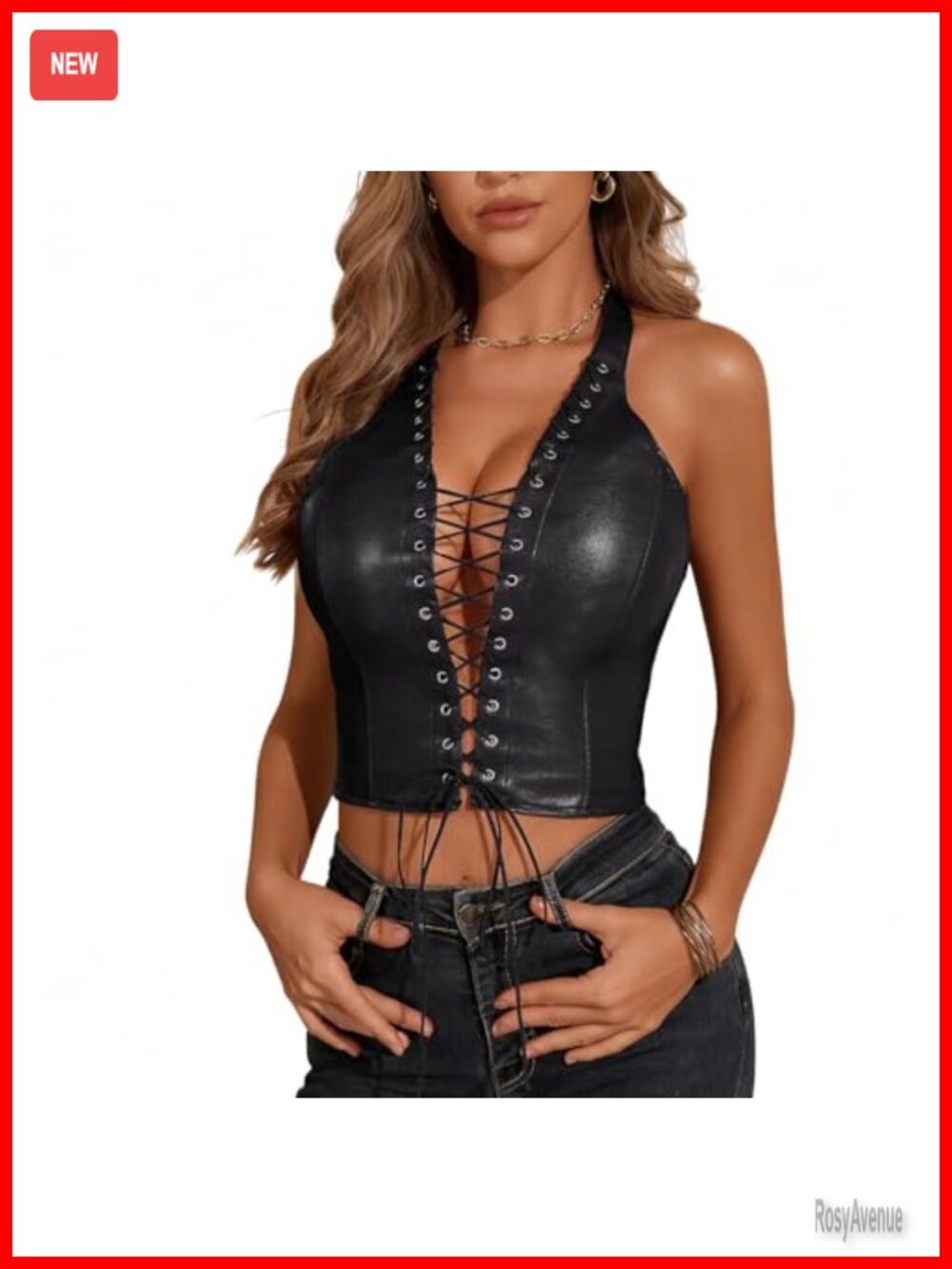 PU Leather Halter Top Lace Up Front Crop Tank Sleeveless Backless Corset